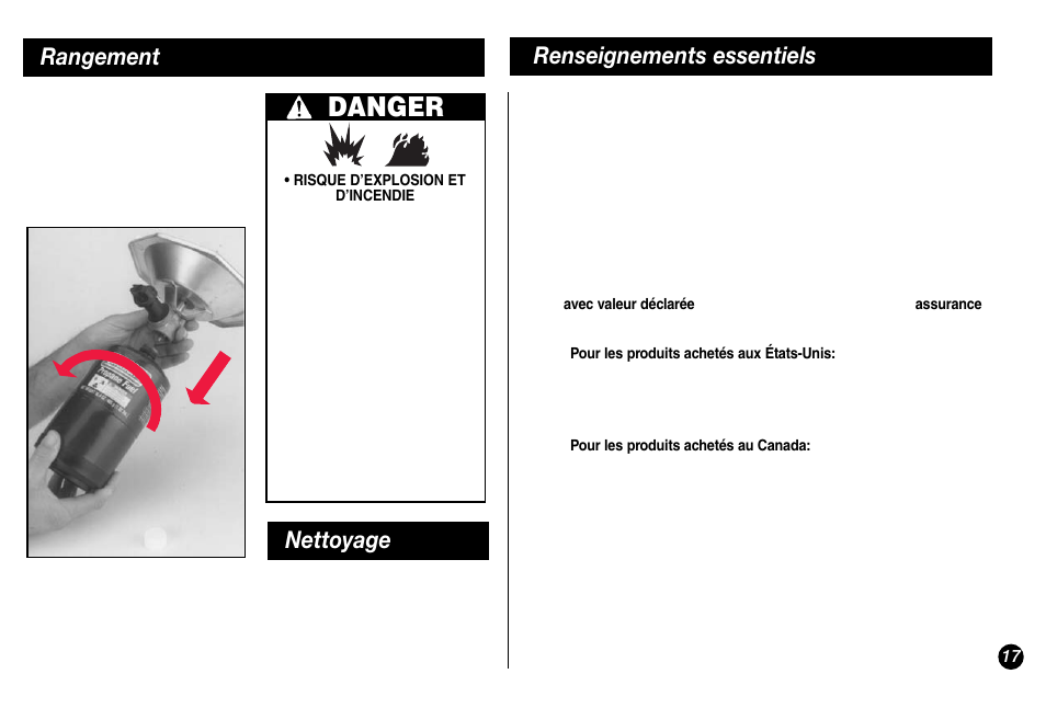 Danger, Rangement renseignements essentiels, Nettoyage | Coleman 5431A Series User Manual | Page 17 / 32