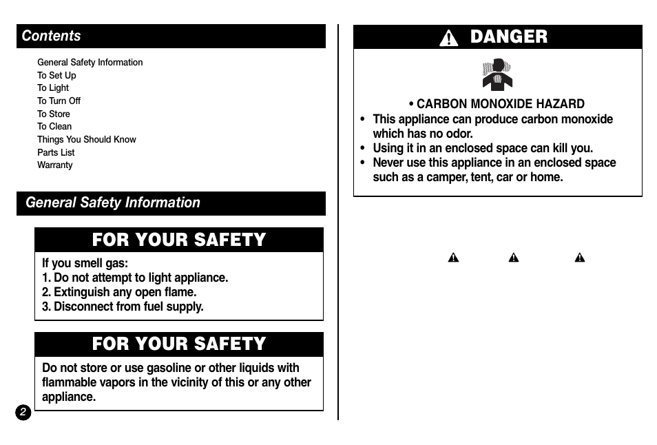 Danger, For your safety | Coleman 5431A Series User Manual | Page 2 / 32