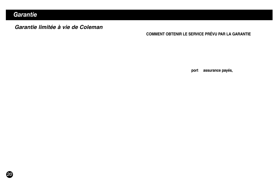 Garantie, Garantie limitée à vie de coleman | Coleman 5431A Series User Manual | Page 20 / 32