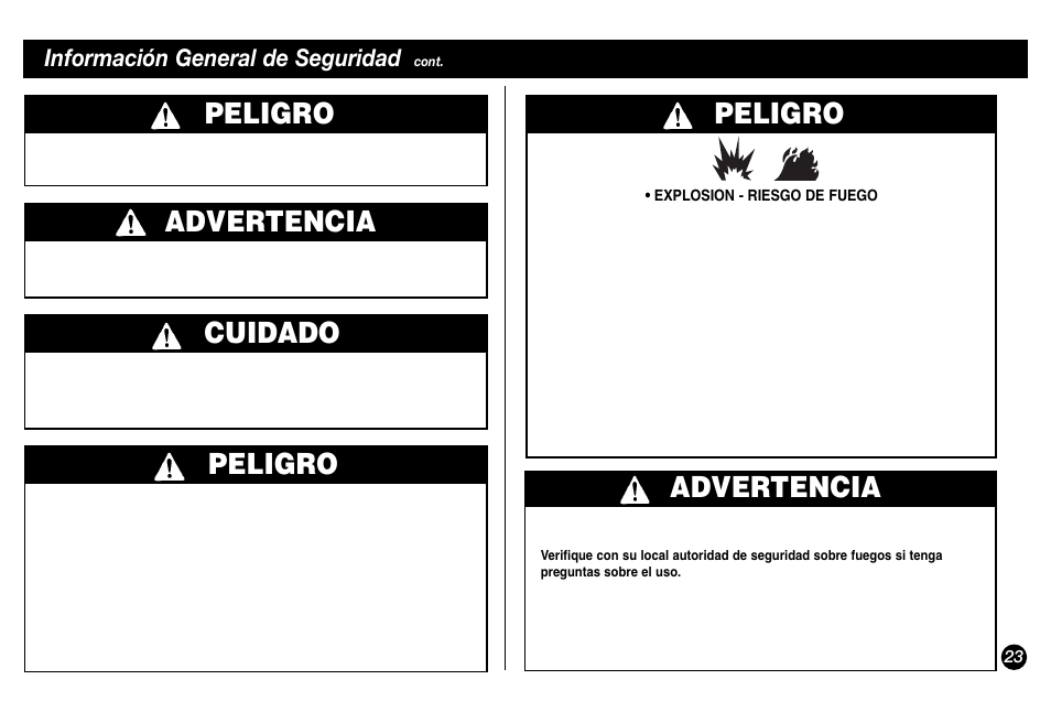 Peligro, Advertencia, Cuidado | Información general de seguridad | Coleman 5431A Series User Manual | Page 23 / 32