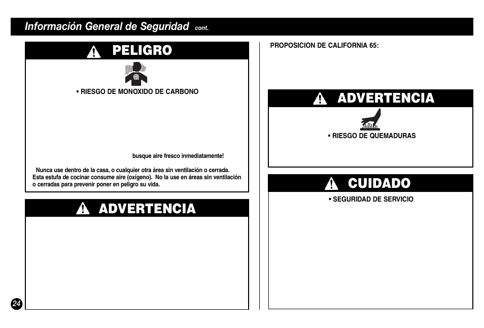 Advertencia cuidado, Advertencia, Peligro | Información general de seguridad | Coleman 5431A Series User Manual | Page 24 / 32