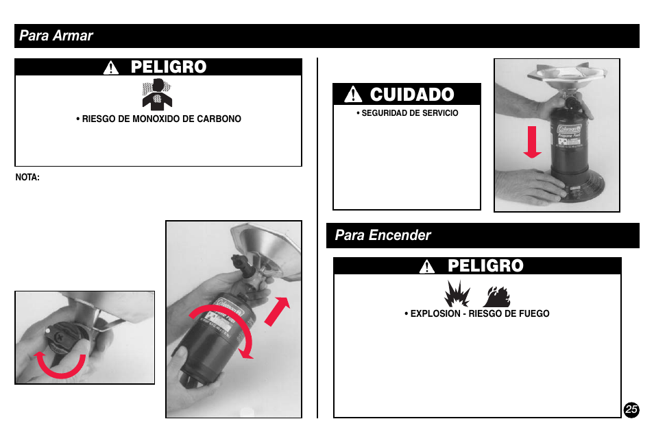 Cuidado, Peligro, Para encender | Para armar | Coleman 5431A Series User Manual | Page 25 / 32