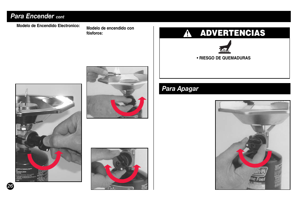 Advertencias, Para encender, Para apagar | Coleman 5431A Series User Manual | Page 26 / 32