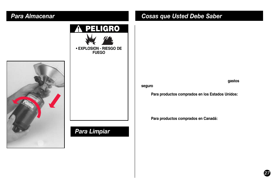 Peligro, Para almacenar cosas que usted debe saber, Para limpiar | Coleman 5431A Series User Manual | Page 27 / 32