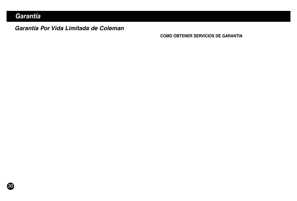 Garantía, Garantía por vida limitada de coleman | Coleman 5431A Series User Manual | Page 30 / 32