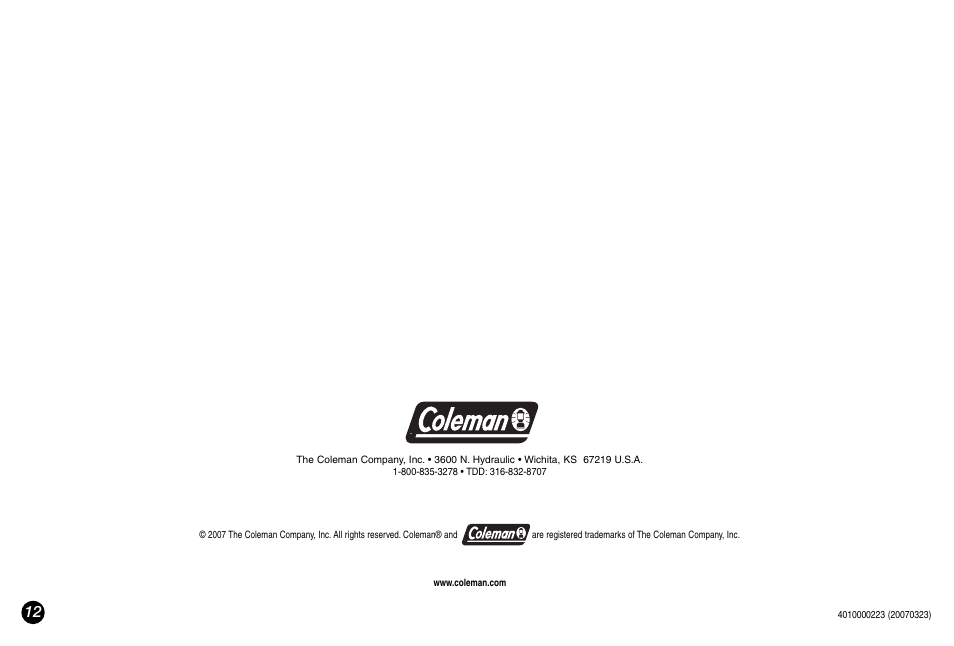 Coleman 2000000117 User Manual | Page 12 / 12