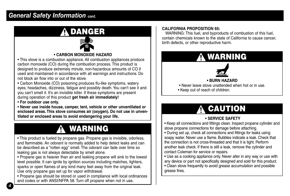 Warning, Caution warning, Danger | General safety information | Coleman 2000000117 User Manual | Page 4 / 12