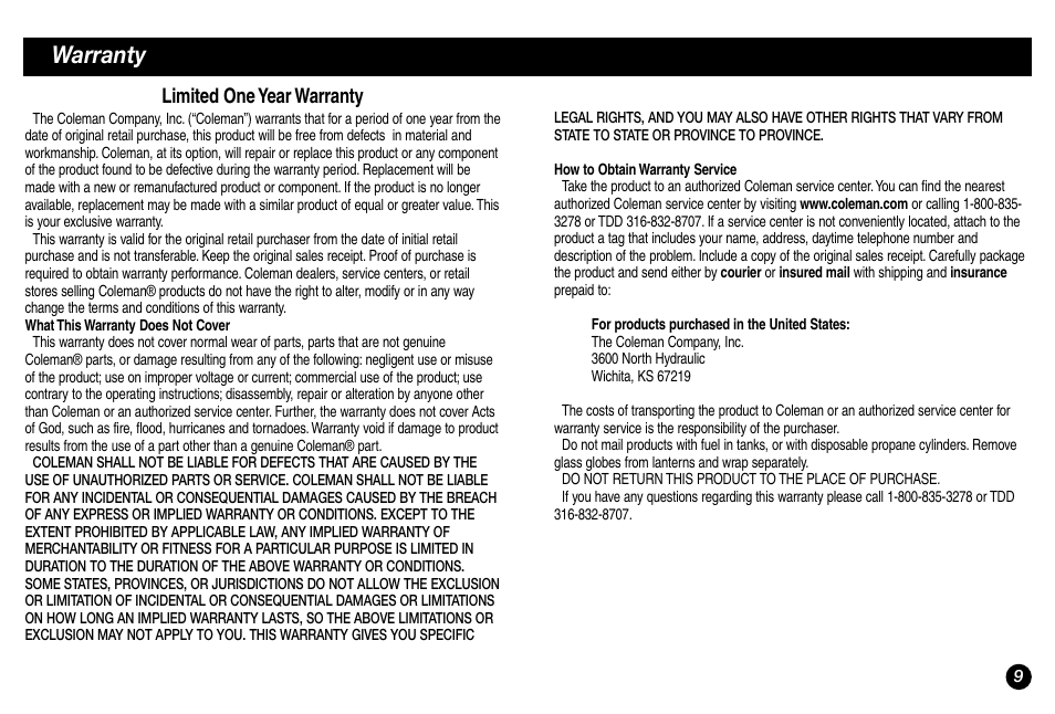 Warranty, Limited one year warranty | Coleman 2000000117 User Manual | Page 9 / 12