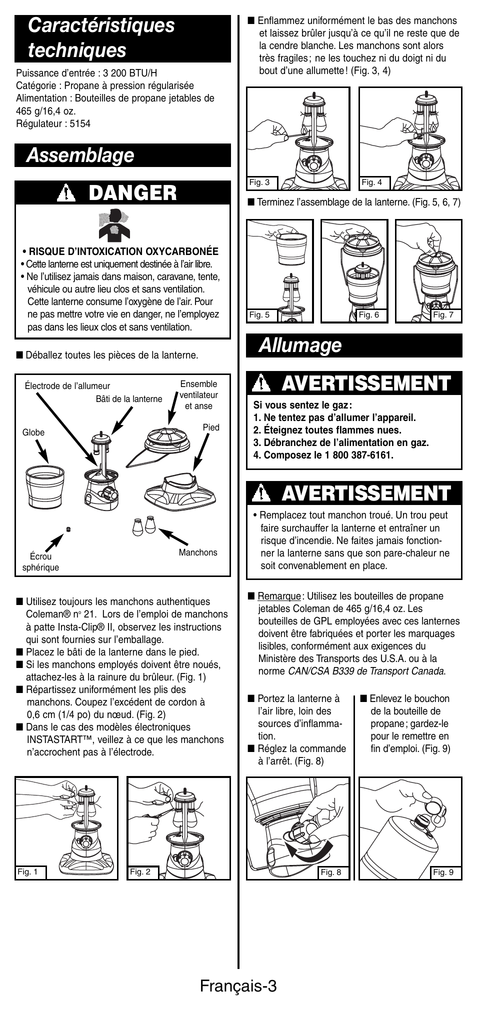 Caractéristiques techniques, Danger, Assemblage | Allumage, Avertissement, Français-3 | Coleman 5178 Series User Manual | Page 10 / 24