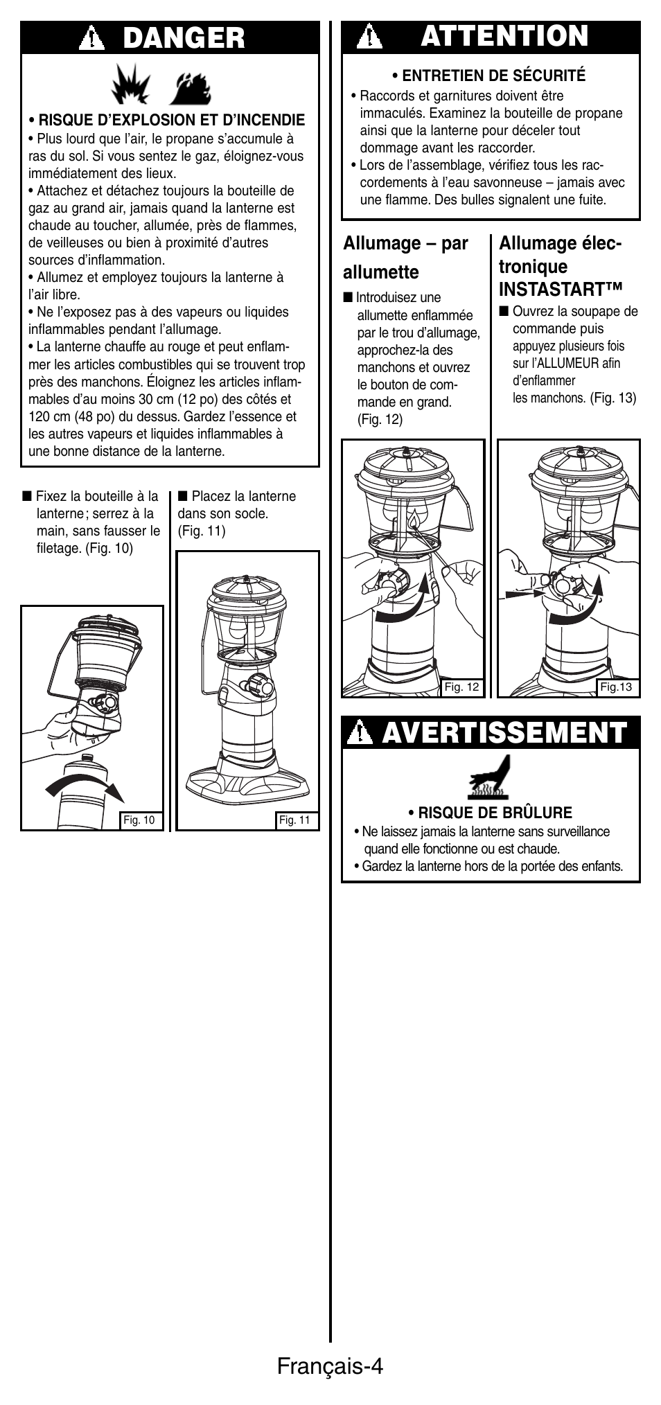 Danger, Attention, Avertissement | Français-4, Allumage – par allumette, Allumage élec- tronique instastart | Coleman 5178 Series User Manual | Page 11 / 24