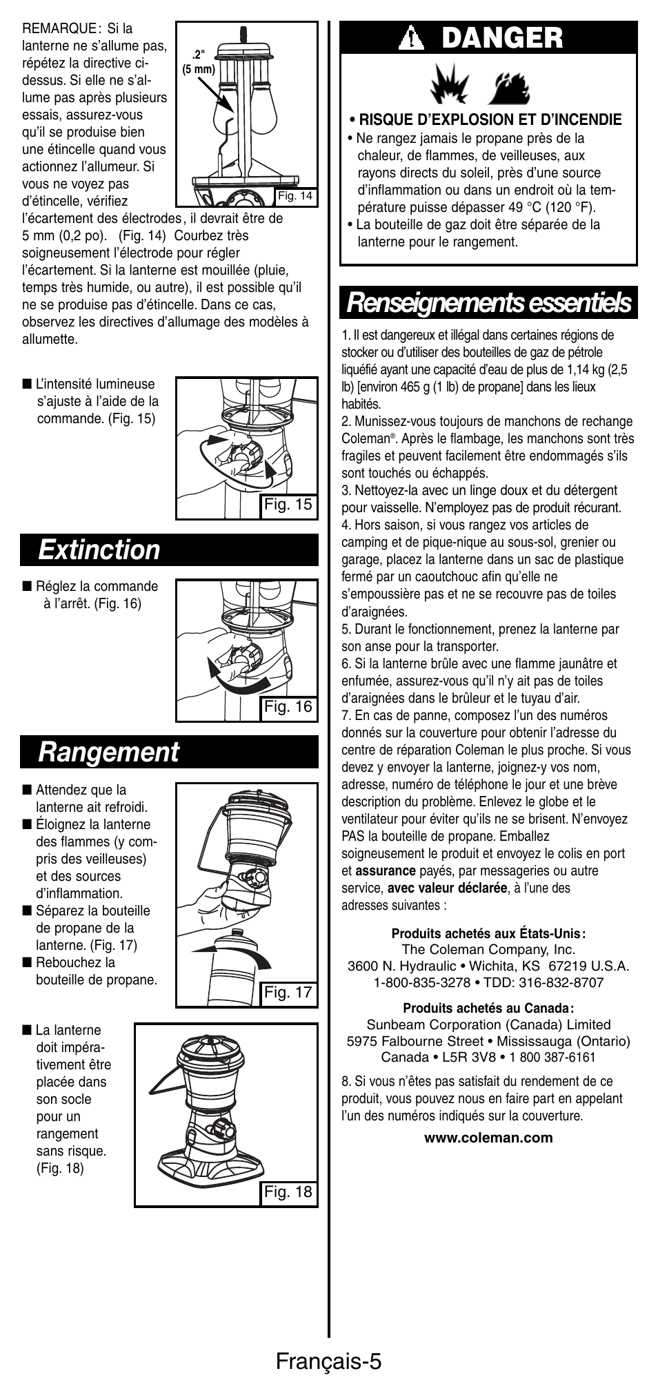 Extinction, Rangement, Renseignements essentiels | Danger, Français-5 | Coleman 5178 Series User Manual | Page 12 / 24