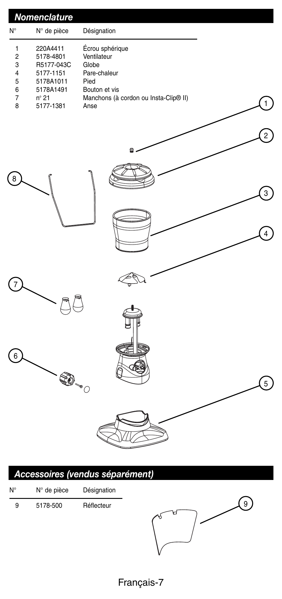 Français-7, Nomenclature, Accessoires (vendus séparément) | Coleman 5178 Series User Manual | Page 14 / 24