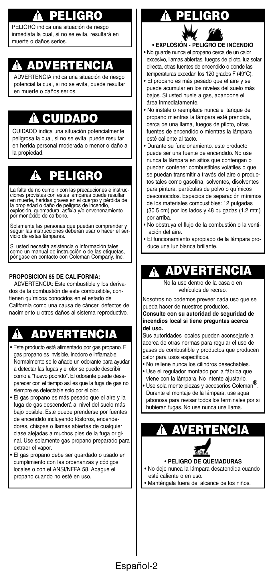 Peligro, Advertencia, Cuidado | Advertencia avertencia, Español-2 | Coleman 5178 Series User Manual | Page 16 / 24