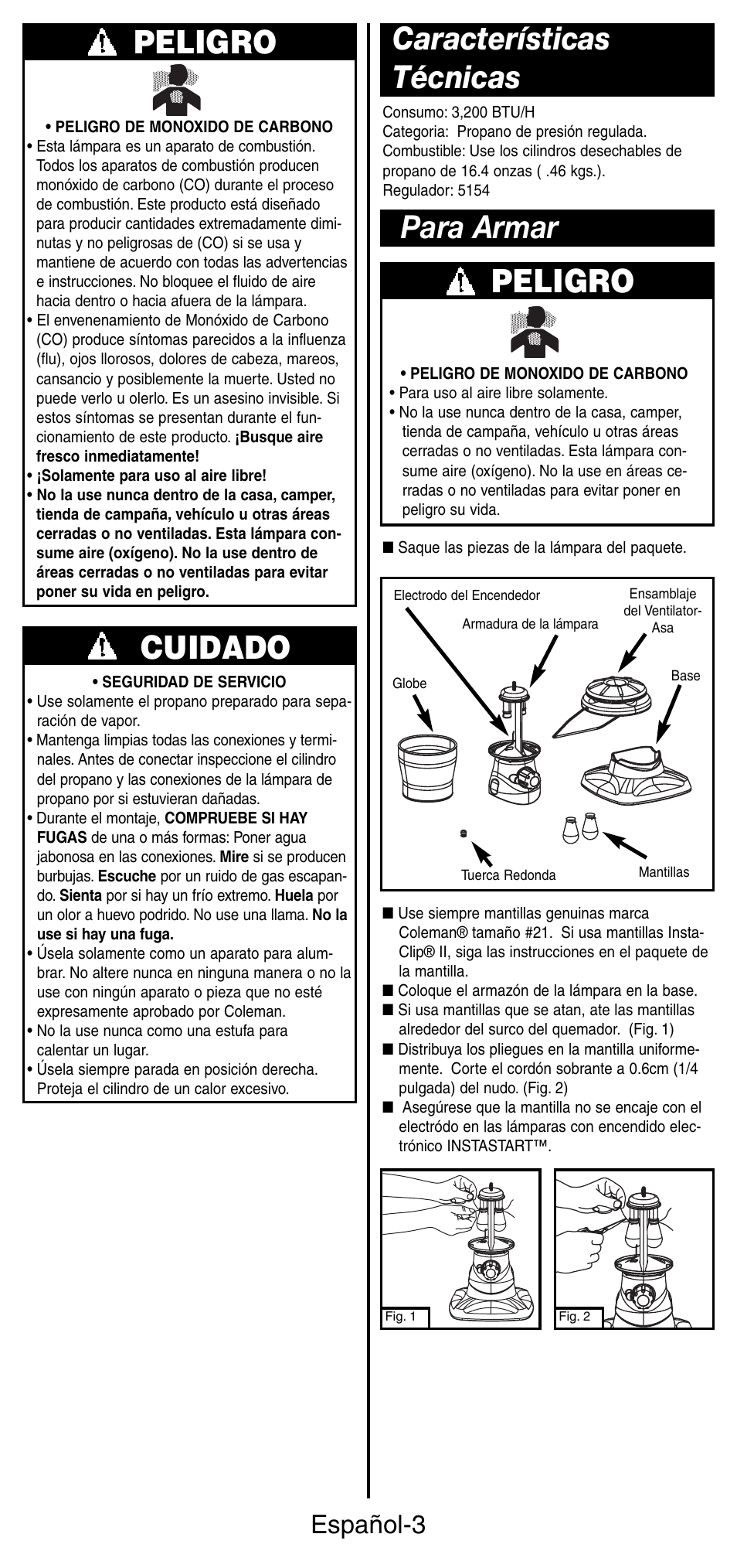 Peligro, Cuidado, Características técnicas para armar | Español-3 | Coleman 5178 Series User Manual | Page 17 / 24