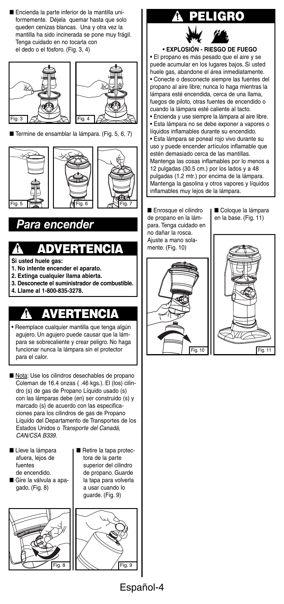 Para encender advertencia, Avertencia, Peligro | Español-4 | Coleman 5178 Series User Manual | Page 18 / 24