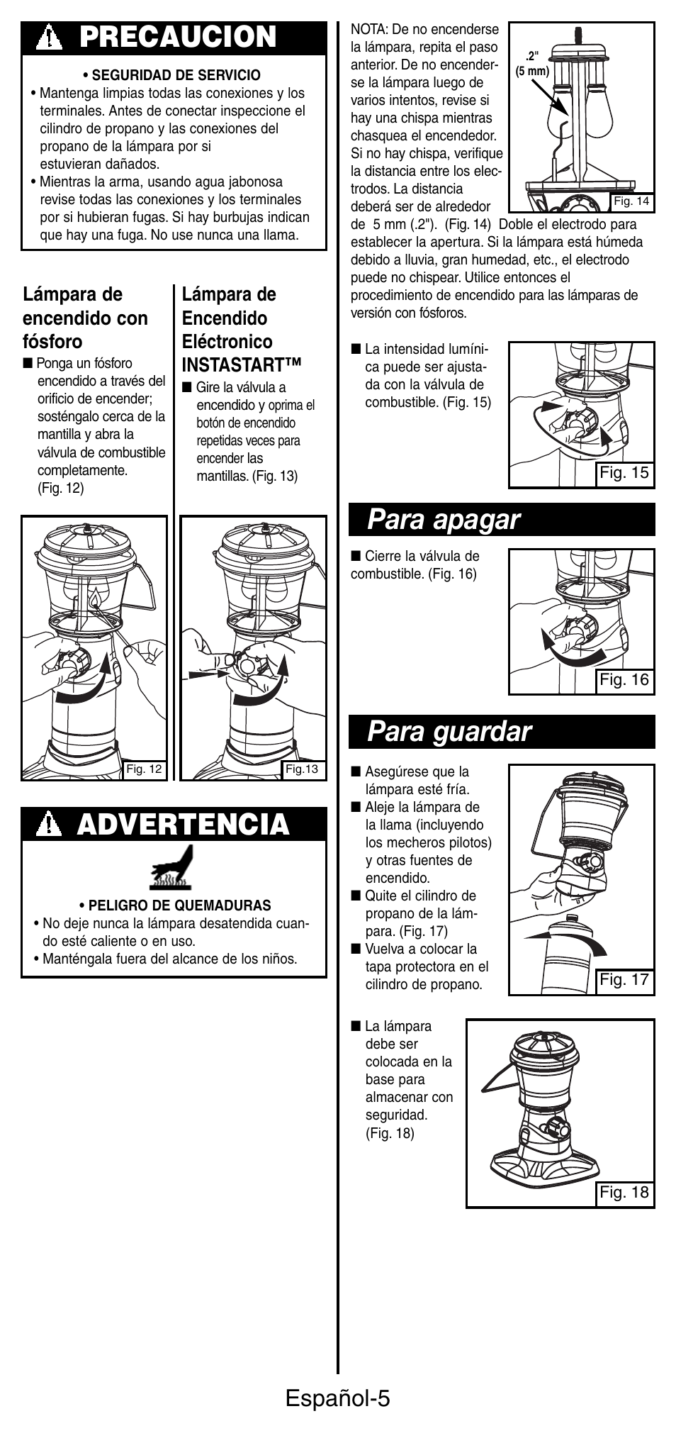 Precaucion, Advertencia, Para apagar para guardar | Español-5, Lámpara de encendido eléctronico instastart, Lámpara de encendido con fósforo | Coleman 5178 Series User Manual | Page 19 / 24