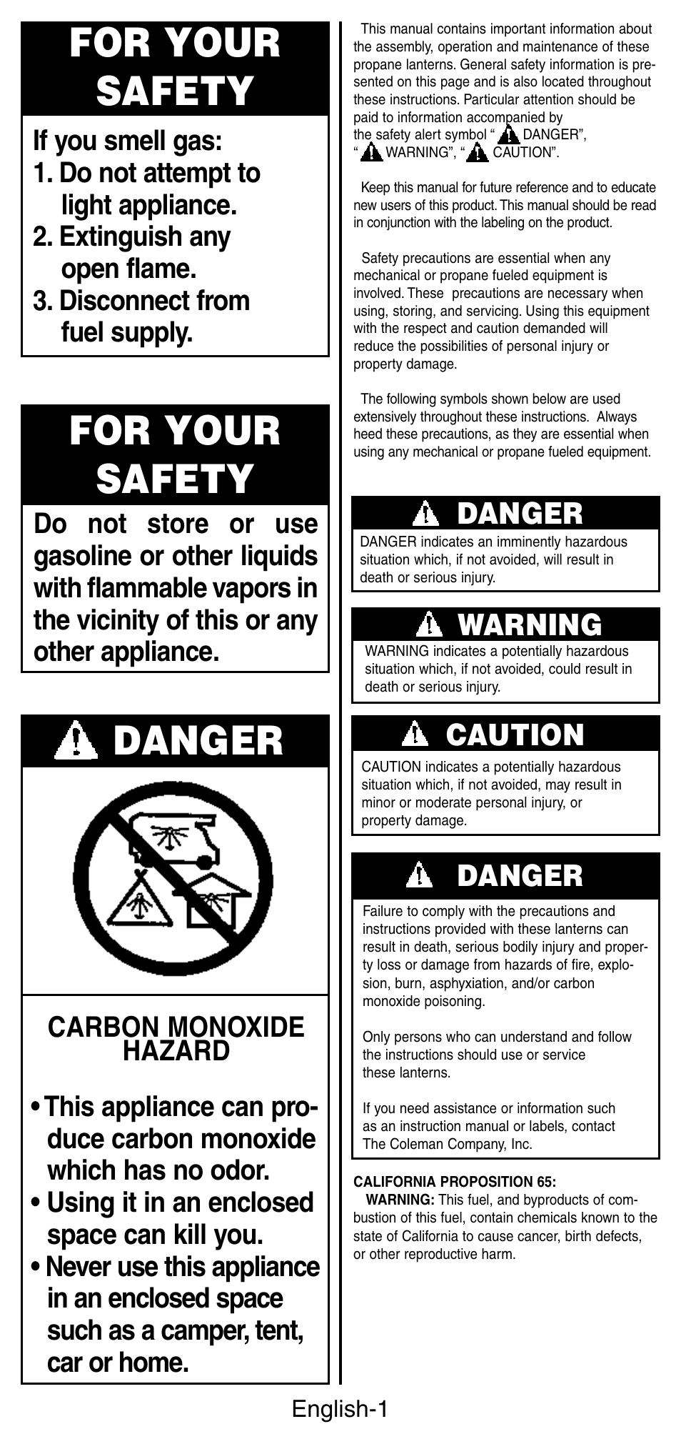 For your safety, Danger, Warning | Caution | Coleman 5178 Series User Manual | Page 2 / 24