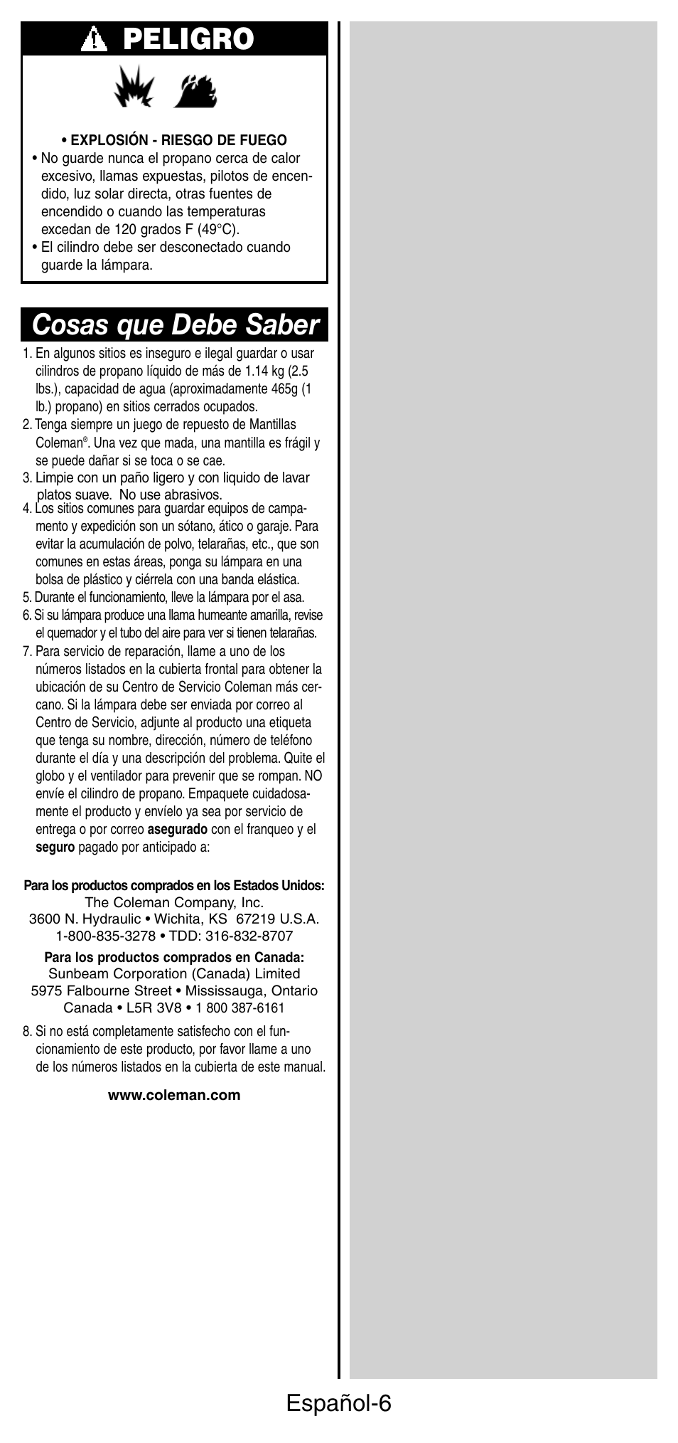 Peligro, Cosas que debe saber, Español-6 | Coleman 5178 Series User Manual | Page 20 / 24