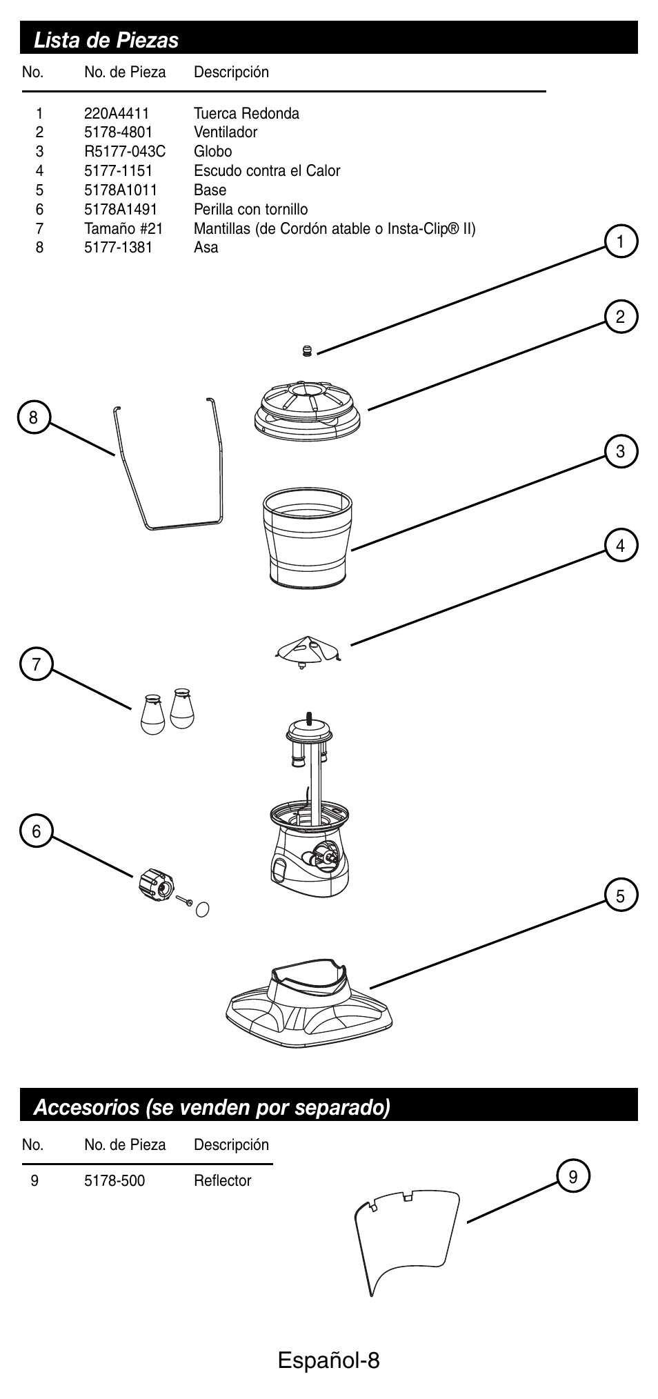 Español-8, Lista de piezas, Accesorios (se venden por separado) | Coleman 5178 Series User Manual | Page 22 / 24