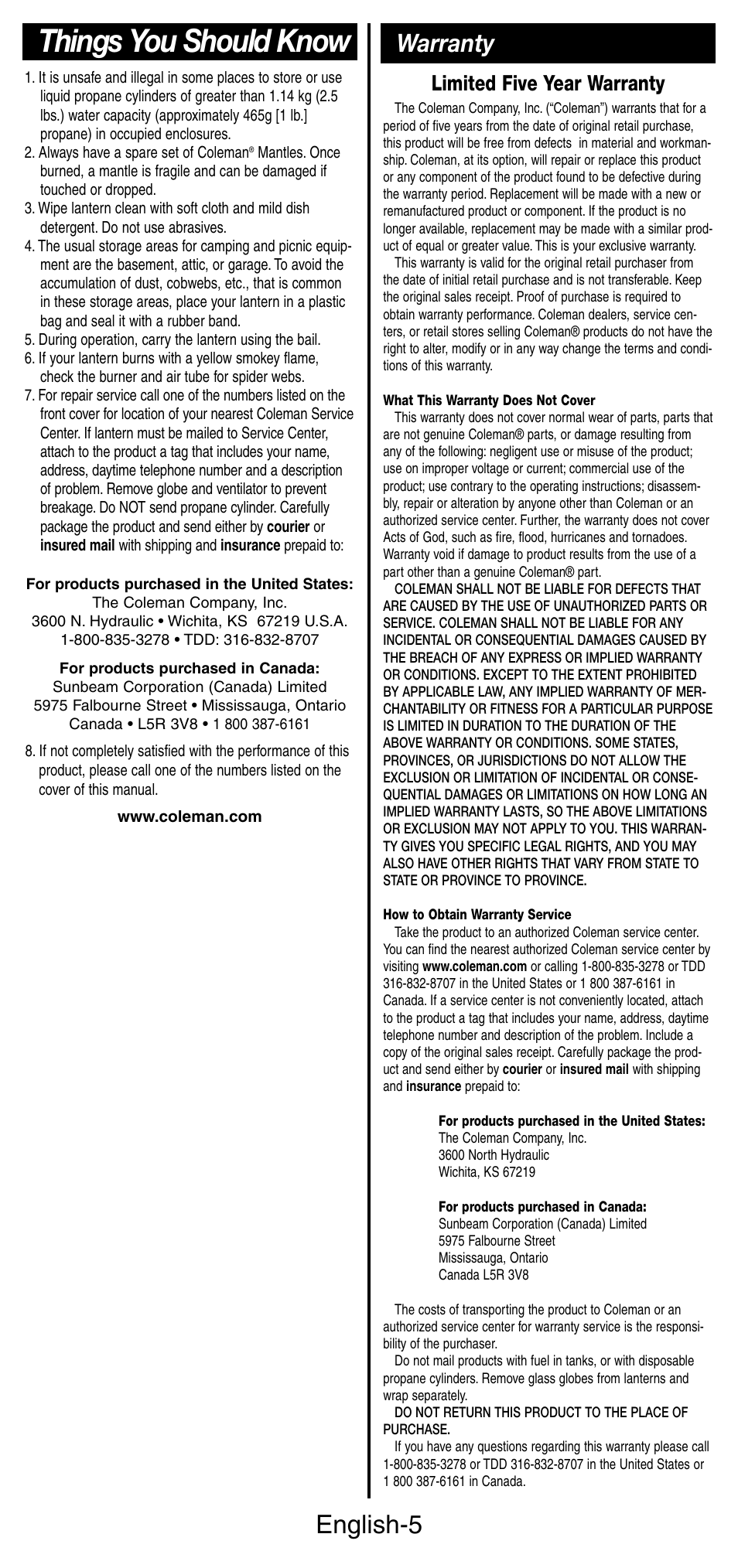 Things you should know, English-5, Warranty | Limited five year warranty | Coleman 5178 Series User Manual | Page 6 / 24