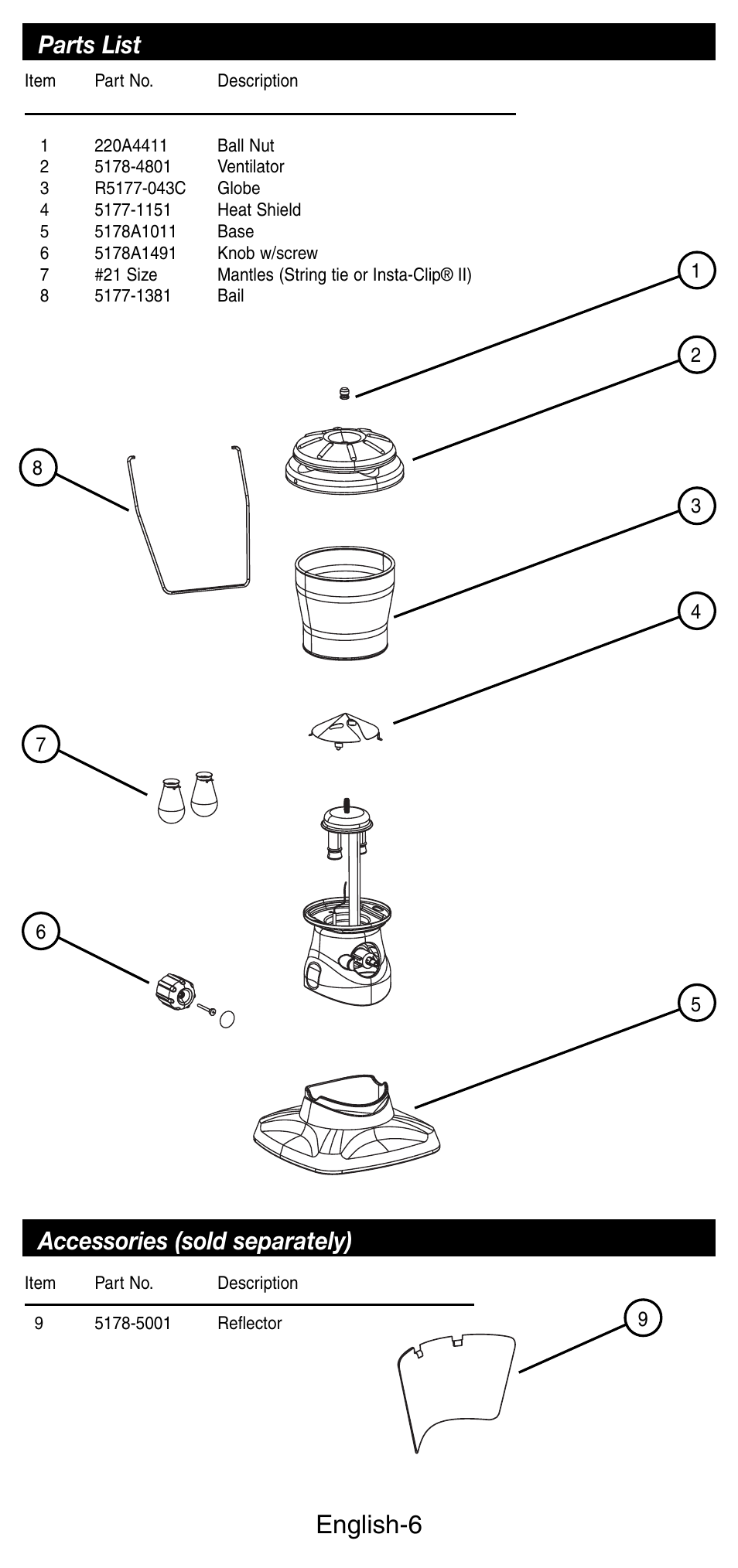 English-6, Parts list, Accessories (sold separately) | Coleman 5178 Series User Manual | Page 7 / 24