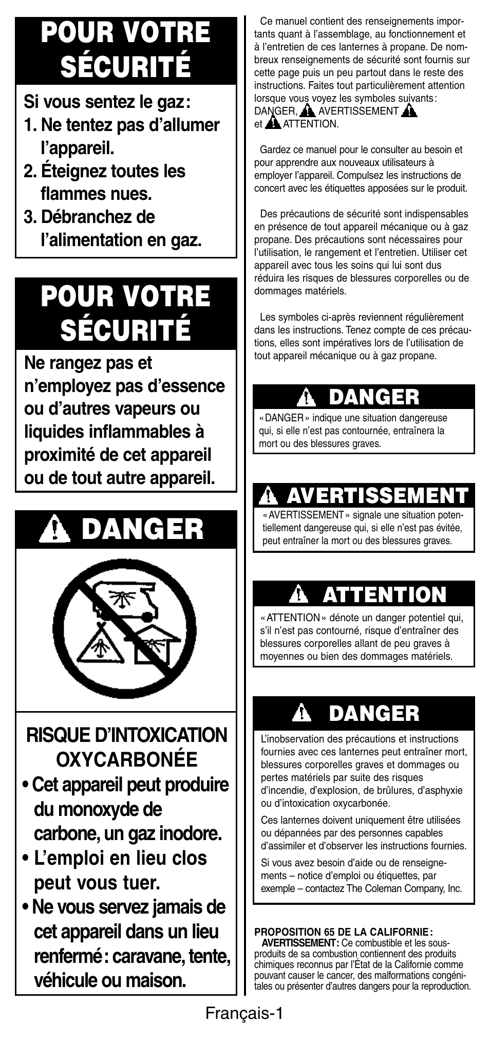 Pour votre sécurité, Danger, Avertissement | Attention | Coleman 5178 Series User Manual | Page 8 / 24