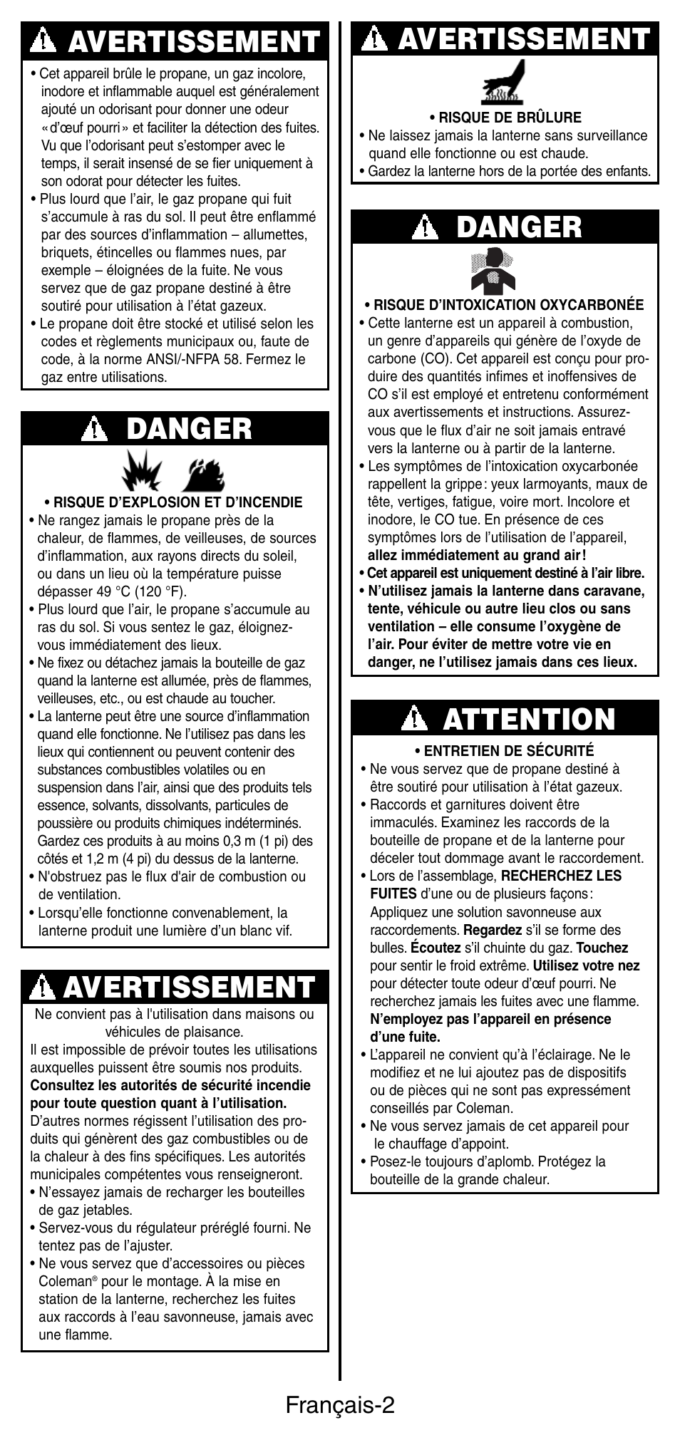 Avertissement danger, Avertissement, Danger | Attention, Français-2 | Coleman 5178 Series User Manual | Page 9 / 24