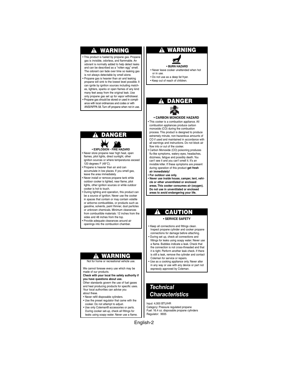 Warning danger, Warning, Danger | Caution, Technical characteristics, English-2 | Coleman 9935 series User Manual | Page 3 / 8