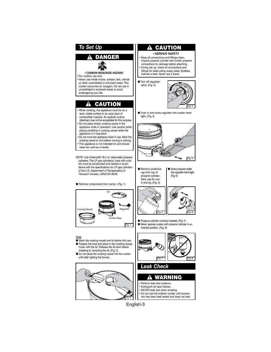 Caution, Warning, Leak check | English-3 | Coleman 9935 series User Manual | Page 4 / 8