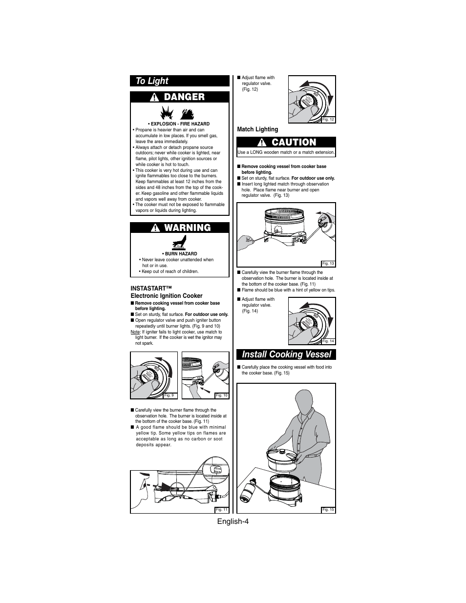 Warning, Caution, Install cooking vessel | English-4, Match lighting, Instastart™ electronic ignition cooker | Coleman 9935 series User Manual | Page 5 / 8