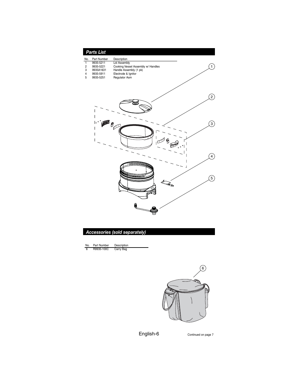 English-6 parts list, Accessories (sold separately) | Coleman 9935 series User Manual | Page 7 / 8