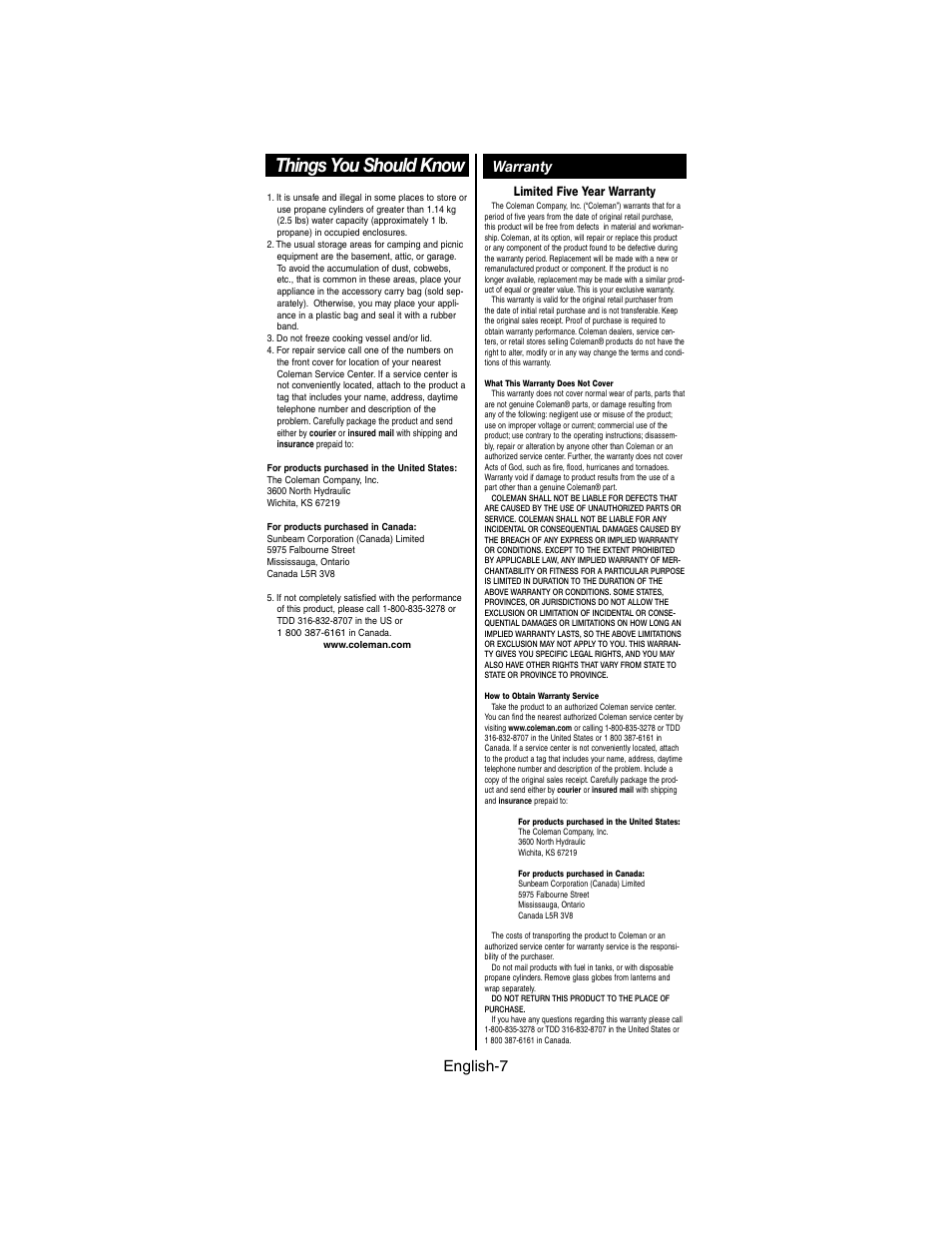 Things you should know, Warranty, English-7 | Limited five year warranty | Coleman 9935 series User Manual | Page 8 / 8