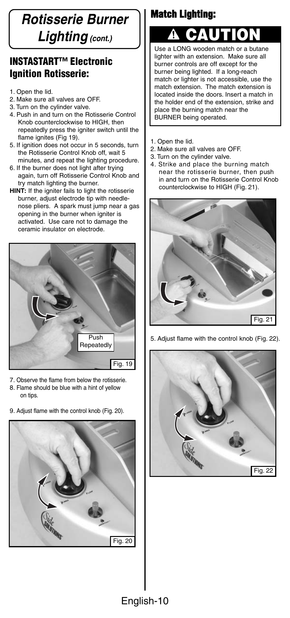 Caution, Rotisserie burner lighting, Mma attc ch h lliig gh httiin ng g | Coleman 9987 Series User Manual | Page 11 / 16