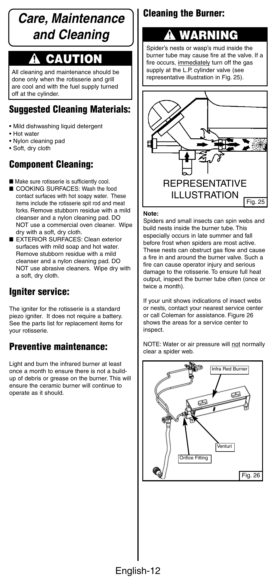 Care, maintenance and cleaning, Warning, Caution | English-12, Suggested cleaning materials, Component cleaning, Igniter service, Preventive maintenance, Representative illustration, Cleaning the burner | Coleman 9987 Series User Manual | Page 13 / 16