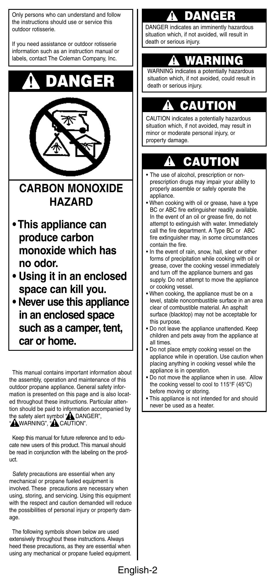 Warning, Danger, Caution | English-2 | Coleman 9987 Series User Manual | Page 3 / 16