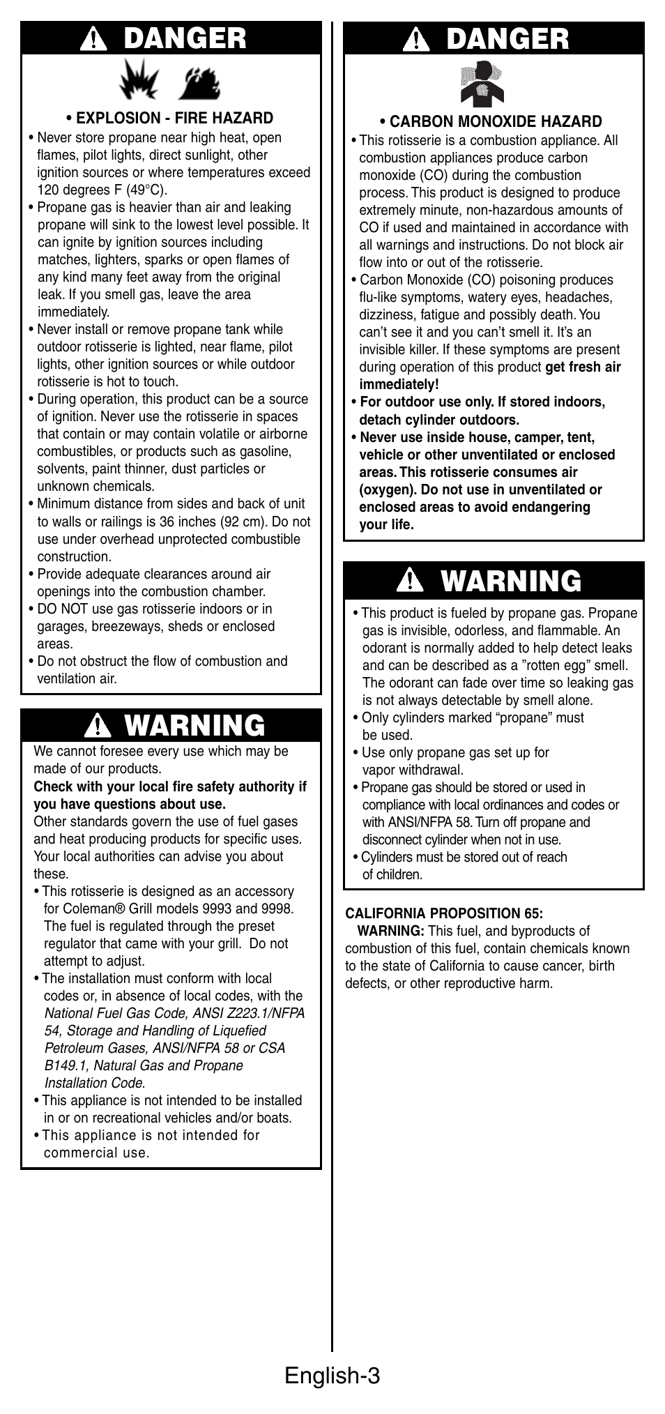 Warning, Danger, English-3 | Coleman 9987 Series User Manual | Page 4 / 16