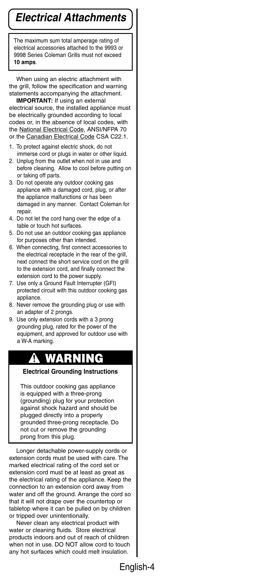 Warning, Electrical attachments, English-4 | Coleman 9987 Series User Manual | Page 5 / 16