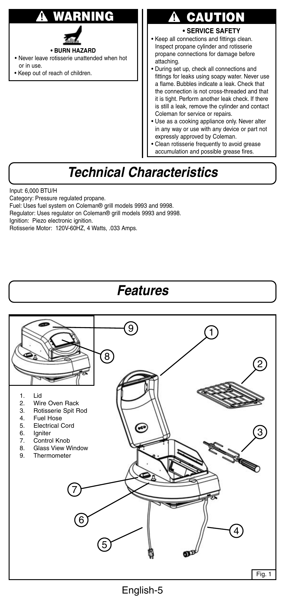 Technical characteristics features, Caution, Warning | English-5 1 | Coleman 9987 Series User Manual | Page 6 / 16