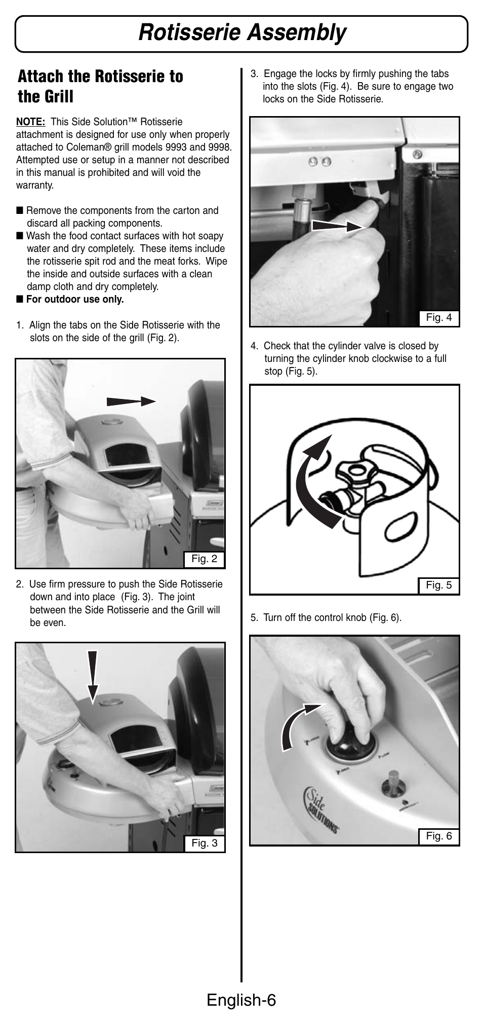 Rotisserie assembly, Attach the rotisserie to the grill english-6 | Coleman 9987 Series User Manual | Page 7 / 16