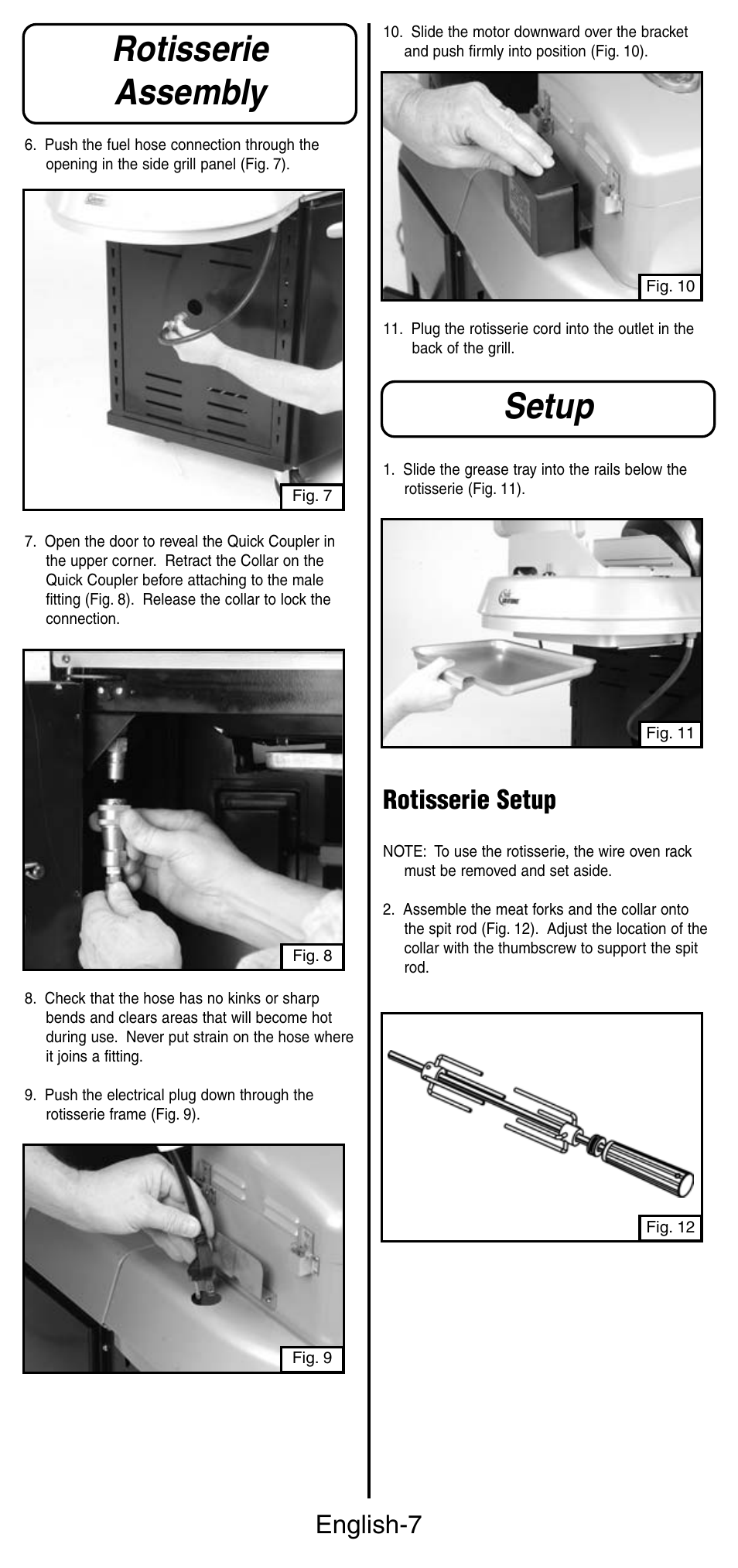 Setup, Rotisserie assembly, English-7 | Rotisserie setup | Coleman 9987 Series User Manual | Page 8 / 16