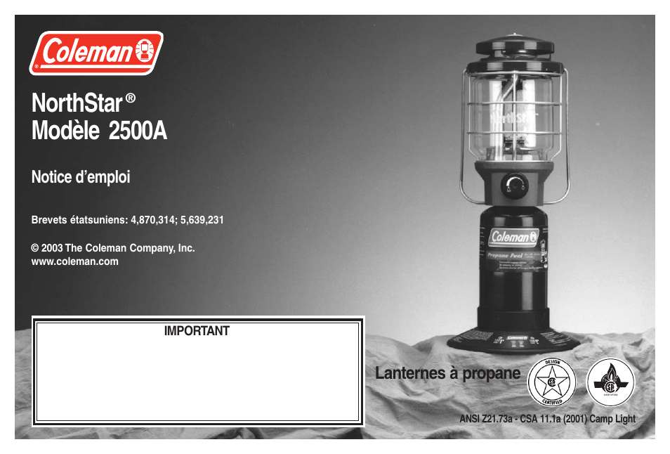 Northstar, Modèle 2500a, Notice d’emploi | Lanternes à propane | Coleman NORTHSTAR 2500A User Manual | Page 11 / 32