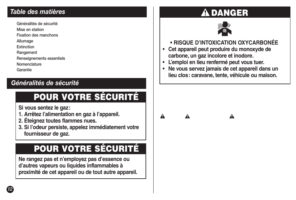Danger, Pour votre sécurité | Coleman NORTHSTAR 2500A User Manual | Page 12 / 32