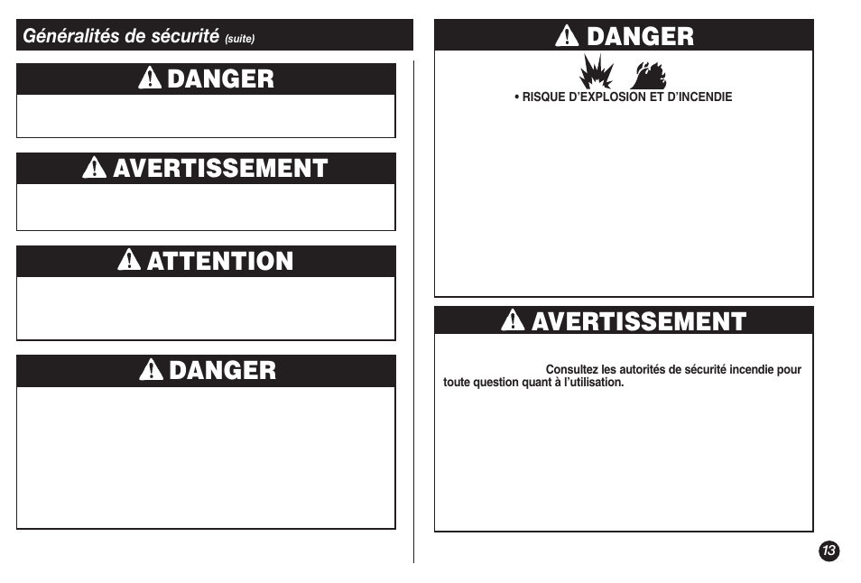 Avertissement, Danger, Attention | Généralités de sécurité | Coleman NORTHSTAR 2500A User Manual | Page 13 / 32