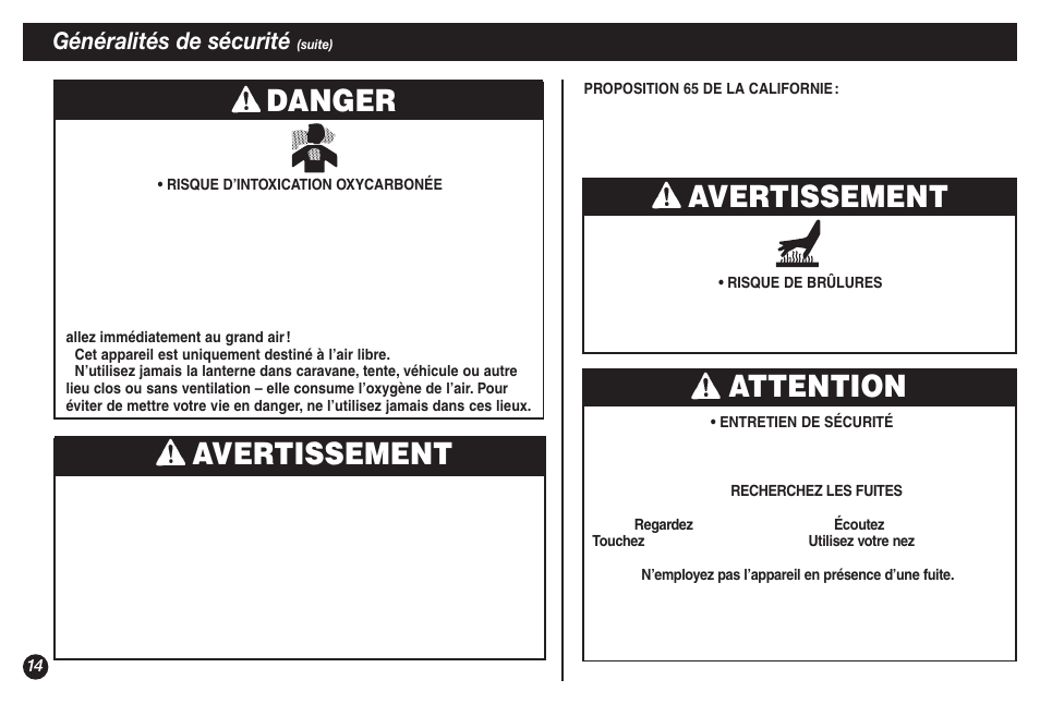 Avertissement, Attention avertissement, Danger | Généralités de sécurité | Coleman NORTHSTAR 2500A User Manual | Page 14 / 32