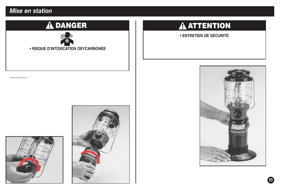 Danger, Attention, Mise en station | Coleman NORTHSTAR 2500A User Manual | Page 15 / 32