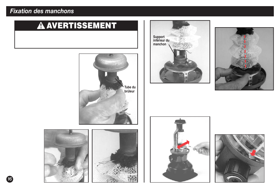 Avertissement, Fixation des manchons | Coleman NORTHSTAR 2500A User Manual | Page 16 / 32