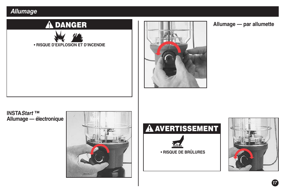 Danger, Avertissement, Allumage | Coleman NORTHSTAR 2500A User Manual | Page 17 / 32