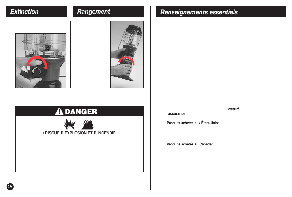 Danger, Rangement, Renseignements essentiels extinction | Coleman NORTHSTAR 2500A User Manual | Page 18 / 32