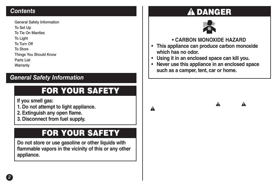 Danger, For your safety | Coleman NORTHSTAR 2500A User Manual | Page 2 / 32