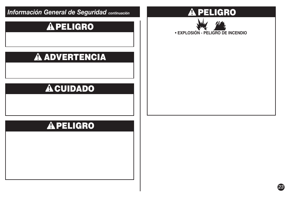 Peligro, Advertencia, Cuidado | Información general de seguridad | Coleman NORTHSTAR 2500A User Manual | Page 23 / 32